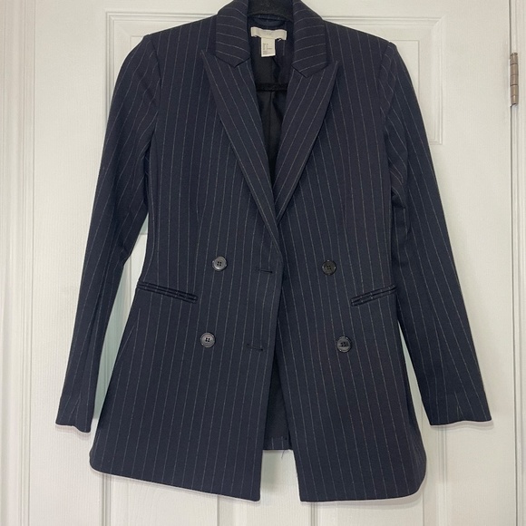 H&M - Women's - Double Breasted Blazer - Dark Blue Pinstripe - Picture 2 of 7